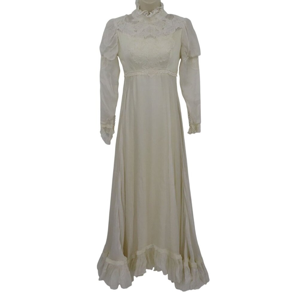 VTG Alfred Angelo Ivory Lace High Neck Long Puff Sleeve Prairie Dress Wedding